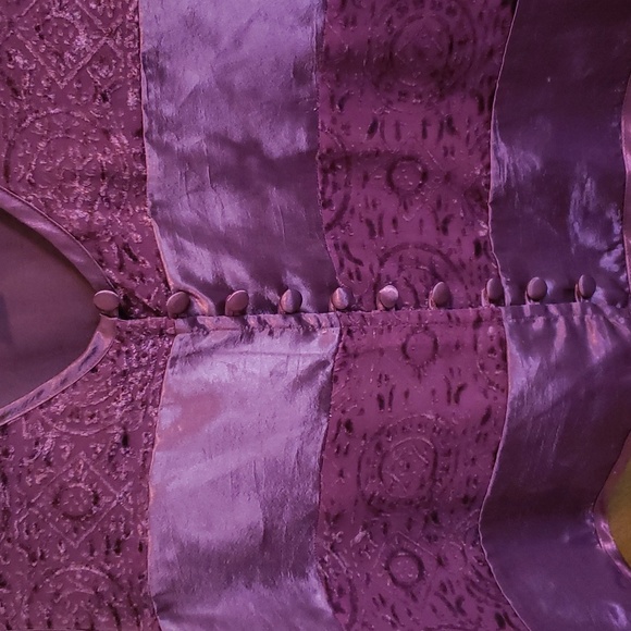 Maroon satin top with burnt velvet panels and button loop closure. - Picture 2 of 3